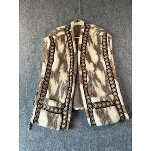 Milana Faux Fur Vest Geometric Trim Brown Cream Sleeveless Boho Festival